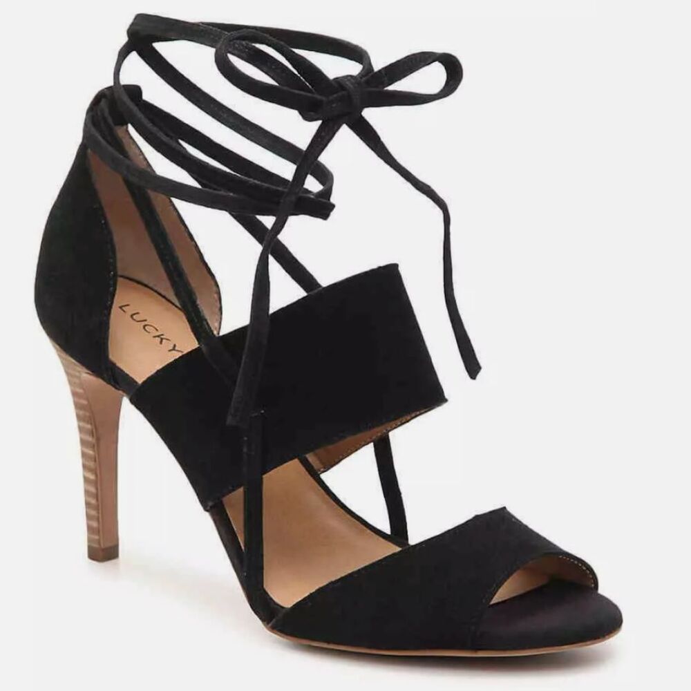Lucky Brand Salana Heels Womens 9 Black Kidsuede Wrap Around Ankle Strap NWB